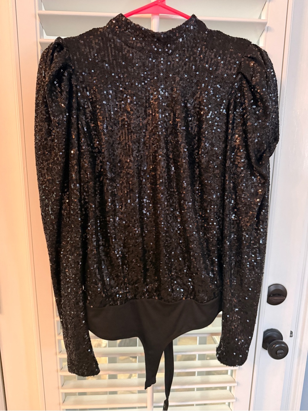 Rachel Zoe Black Sequin Puff-Sleeve Bodysuit Top